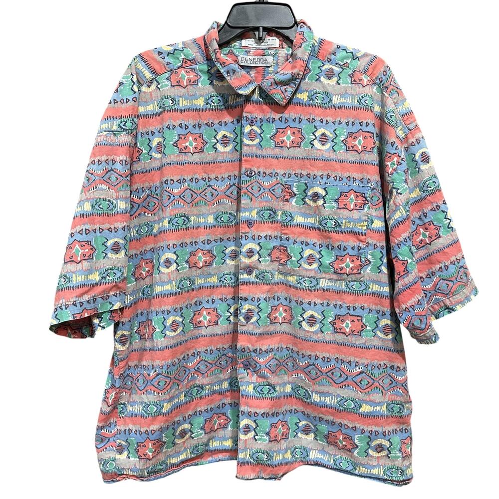 Vintage Generra Collection Shirt Men Size L Pink Green Aztec Pattern 90s Retro